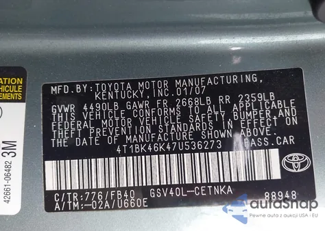 2007 Toyota Camry Le V6 z USA, uszkodzony, nr VIN 4T1BK46K47U536273